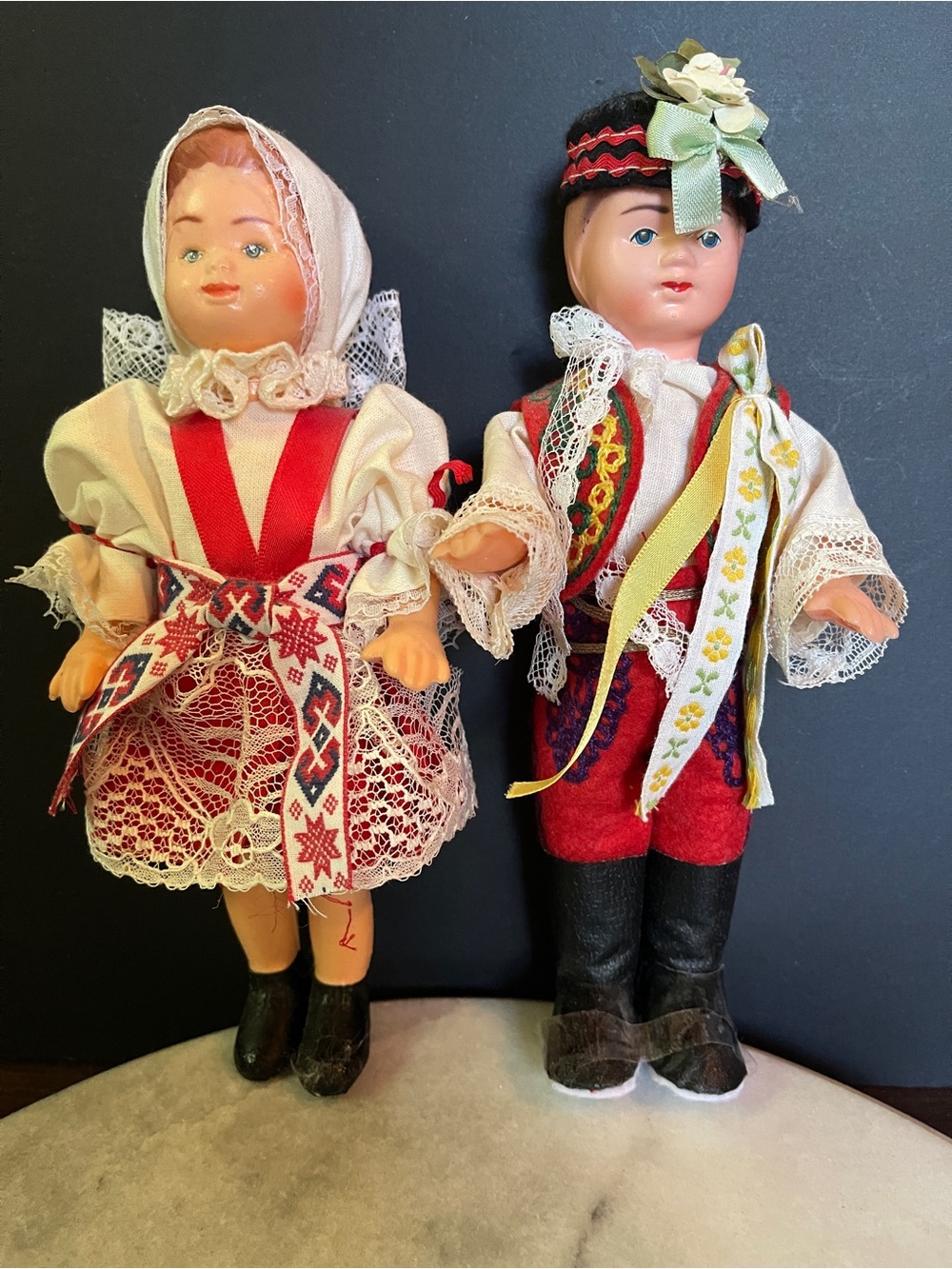 Pair of Vintage Czechoslovakian Kroj dolls. Traditional national costume dolls.